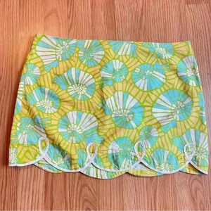 Lilly pulitzer 100% cotton green yellow seashell mini skirt size 6 beach summer